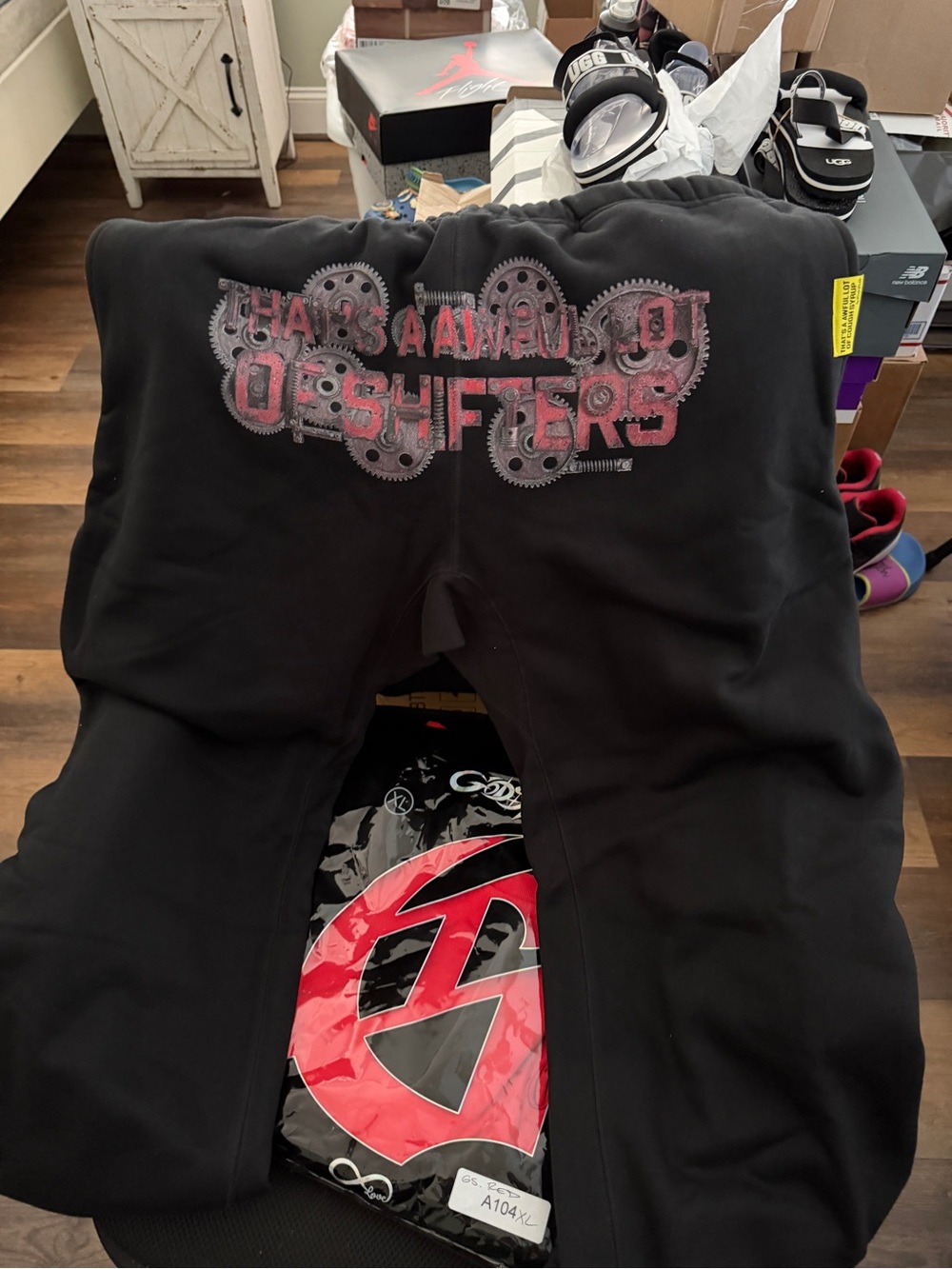 Black Sweatpants with Red Gear Graphic